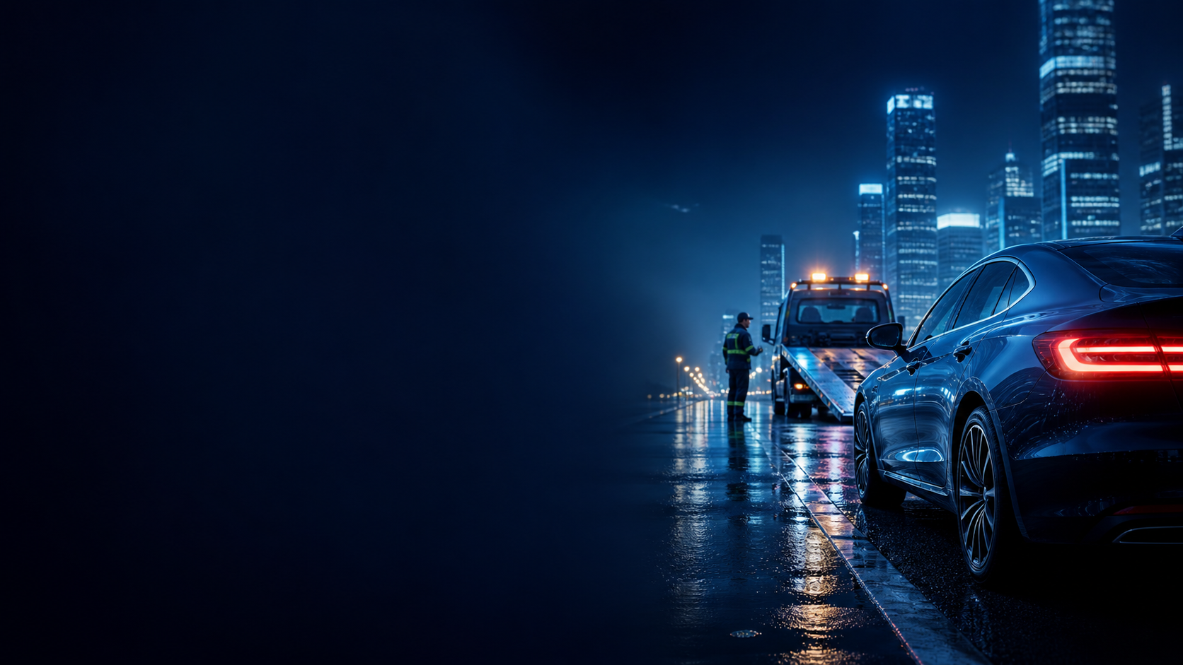 Assistência Porto Seguro Auto 15 minutos em cenário urbano noturno com carro e reboque