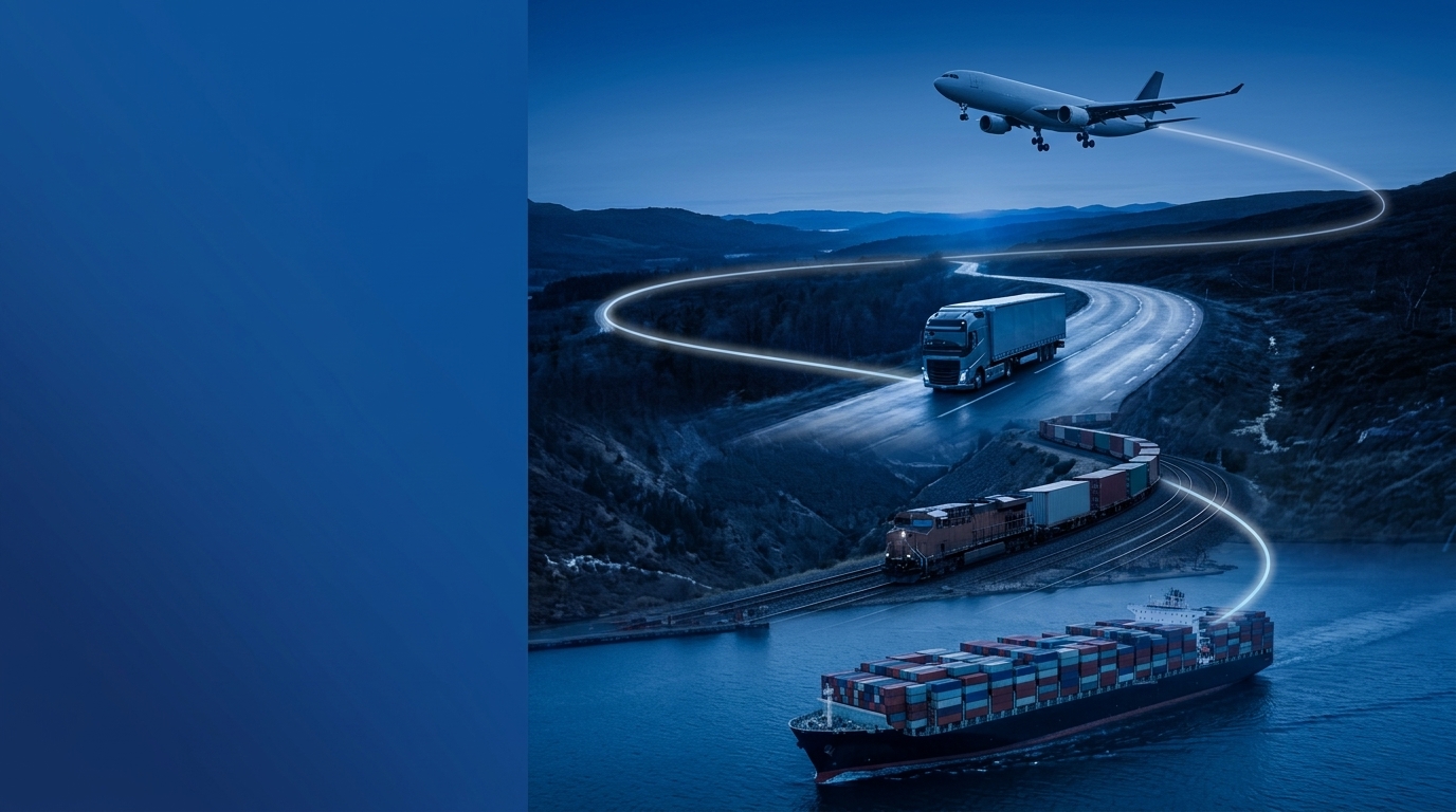 Caminhão, trem, navio e avião de carga conectados por uma rota — Seguro Transporte Store Brasil