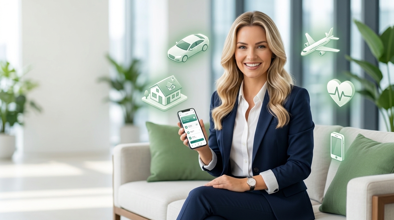 Consultora sorridente segurando o celular, com ícones de seguro auto, residencial, viagem e saúde flutuando ao redor, representando a contratação de seguros online com suporte humano da Store Brasil